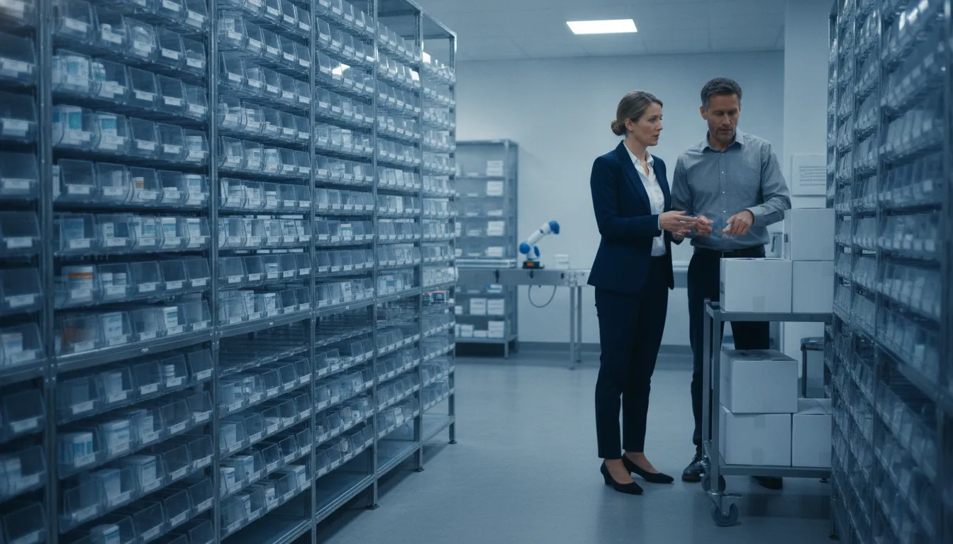Pharmaceutical supply chain managers reviewing supplier performance