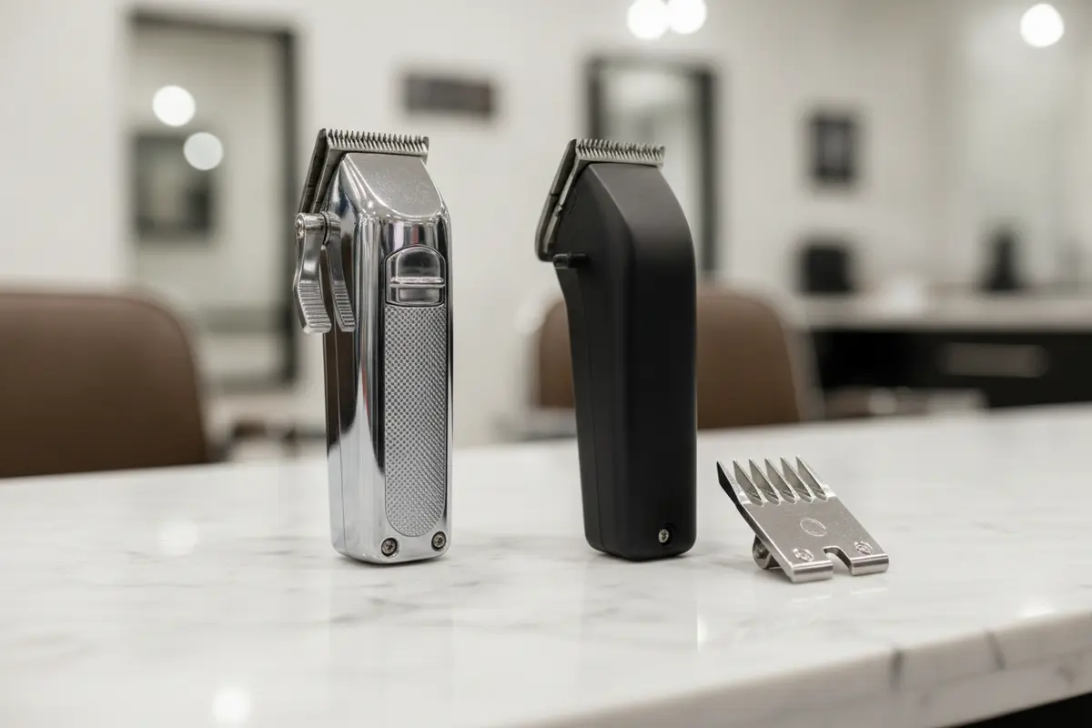 Adjustable clipper with a side lever beside a detachable clipper blade set on a barber station