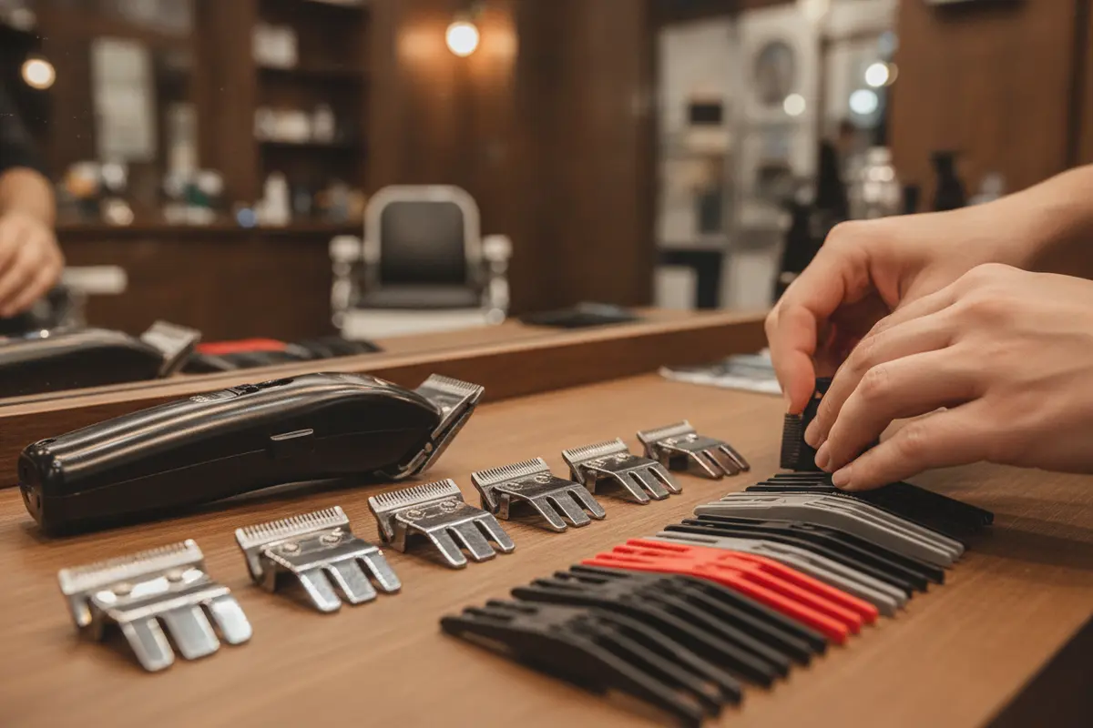 Barber organizing compatible clipper blade options and guards beside a professional clipper