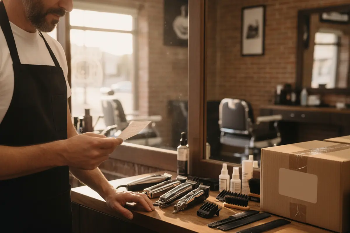 Barber shop owner checking clipper and grooming supplies in a prepared local delivery order