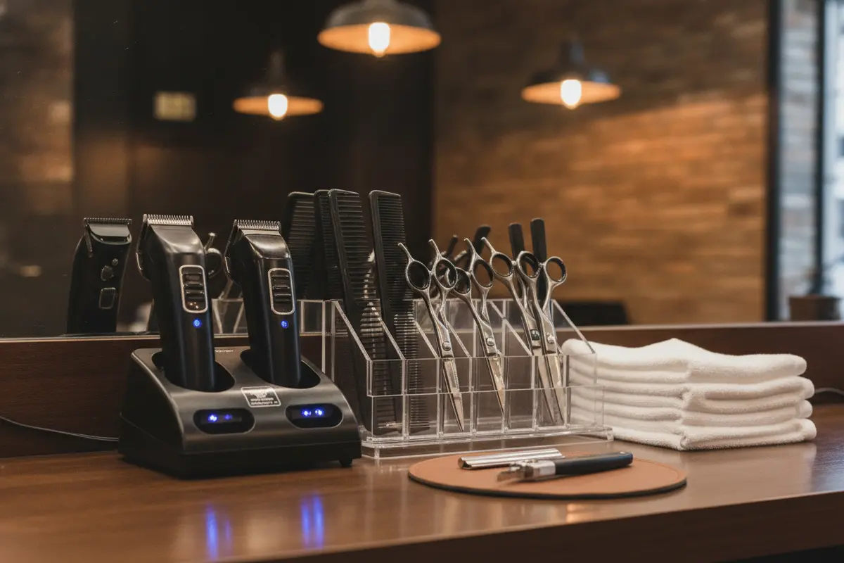 Barber station organizer holding combs and tools beside a clean clipper setup