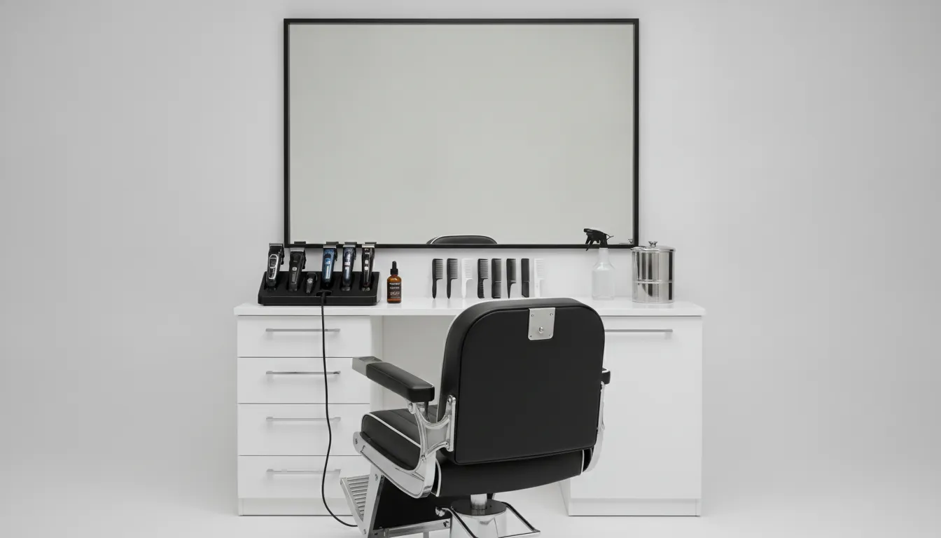 Professional barber organizing tools on a portable station for an on-location haircut