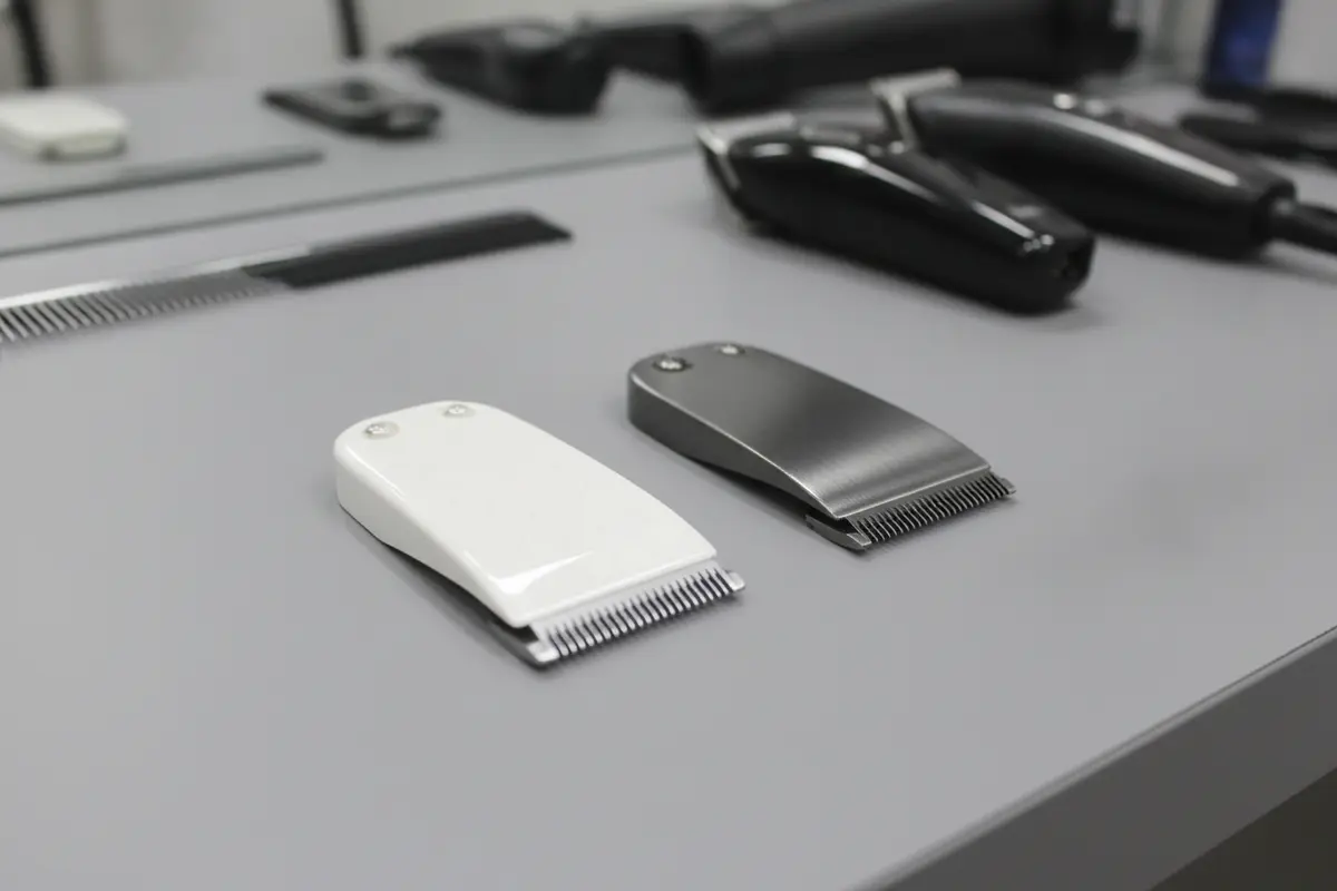 Ceramic and steel clipper cutter blades side by side on a barber workstation