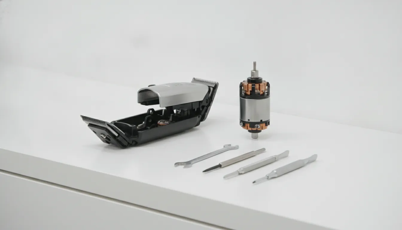 Professional barber clipper and replacement motor assembly on a clean workbench