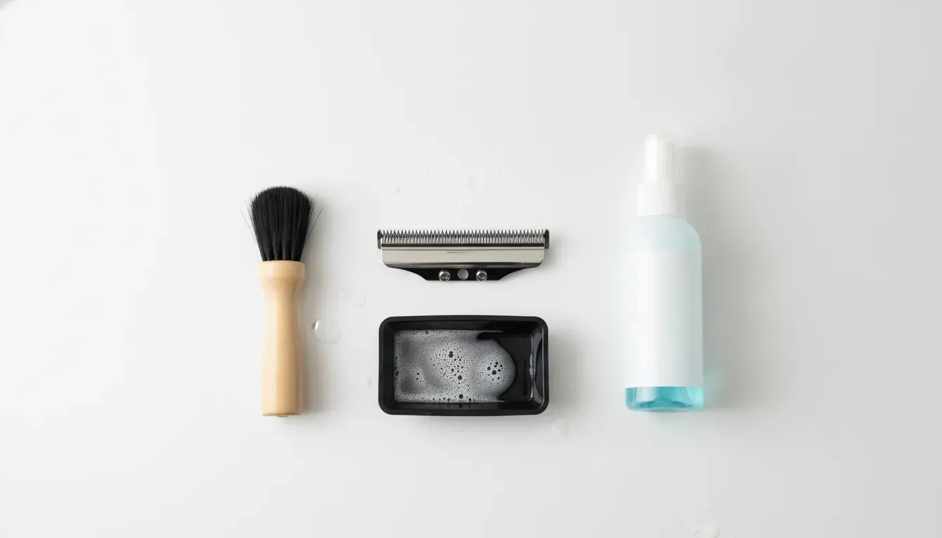 Detached clipper blade, cleaning brush, blade wash tray, and spray bottle for barber maintenance