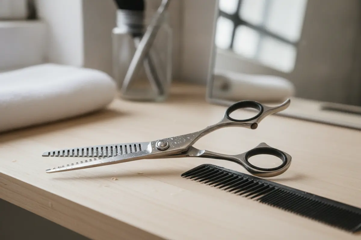 Close-up of thinning shear teeth beside a barber comb for comparing blade design