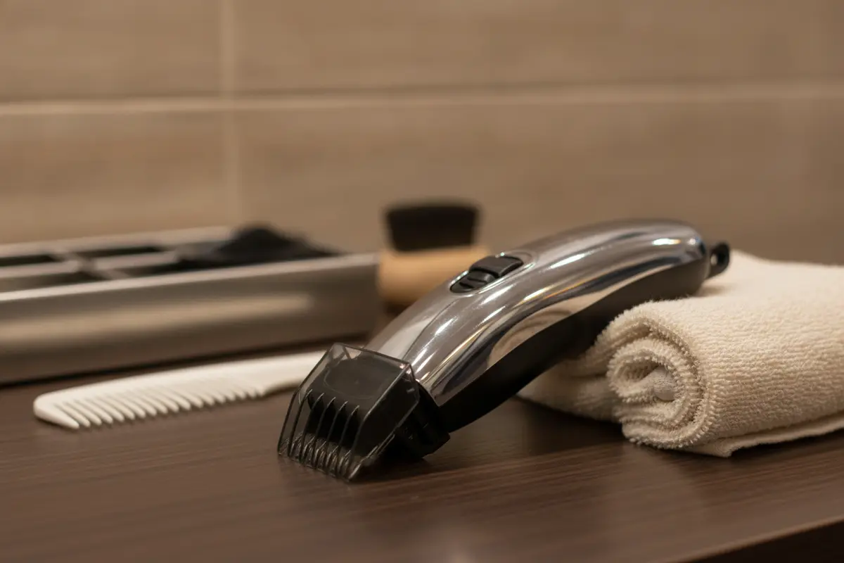 Detail trimmer fitted with a guard beside a clean barber station, illustrating a controlled approach for easily irritated skin
