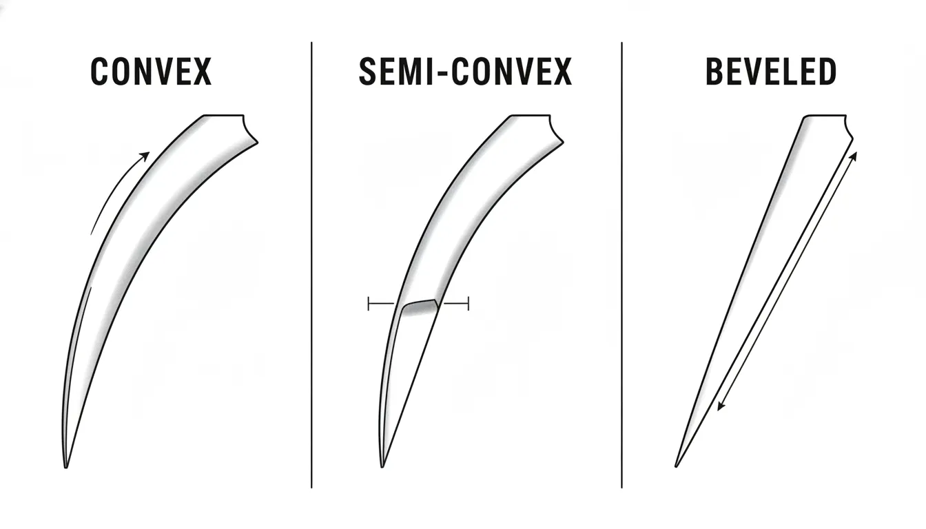 Labeled diagram of convex, semi-convex, and beveled shear blade faces, showing a full curve, a short flat, and a long angled facet