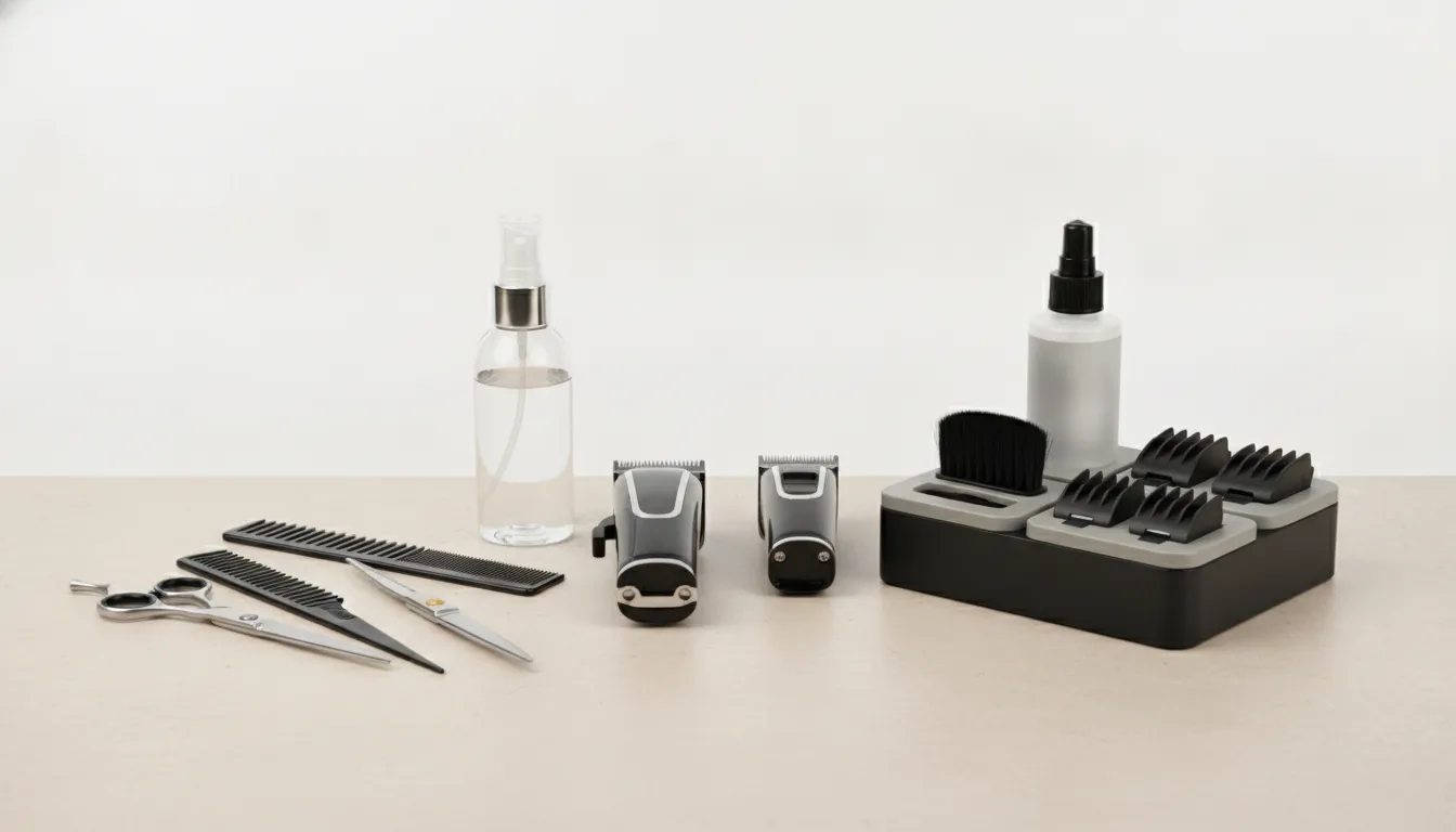 Organized barber station with professional tools, spray bottle, combs, and storage accessories