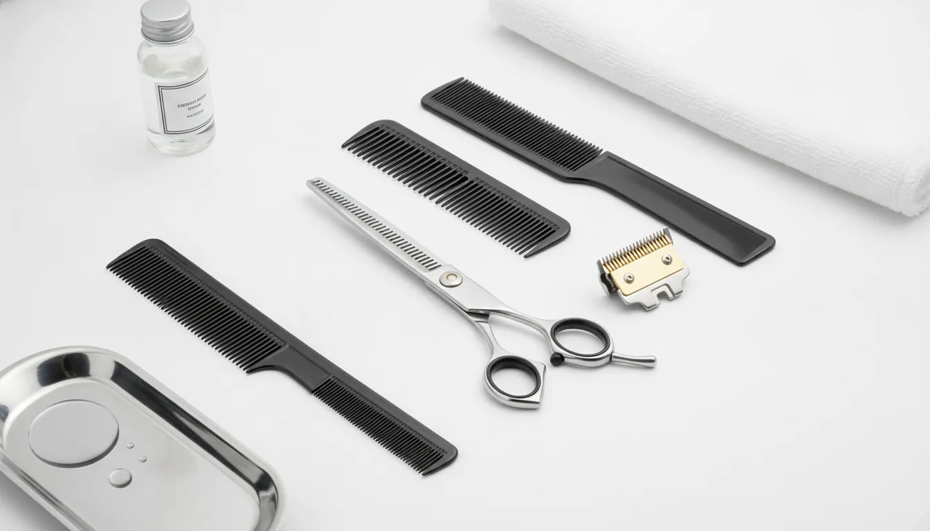 Barber tool disinfectant setup with clean tools ready for between-client service