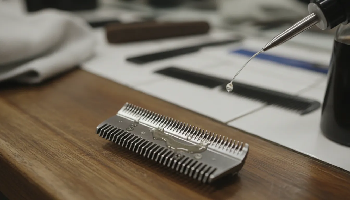 Barber clipper blades being oiled on a workbench, showing metal teeth and oil drops during professional maintenance