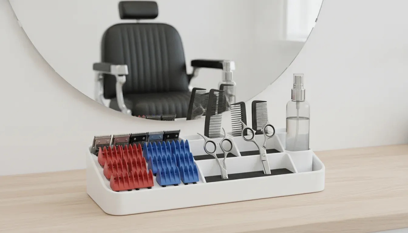 Barber workstation organizer with clipper guards, combs, shears, and sprayer