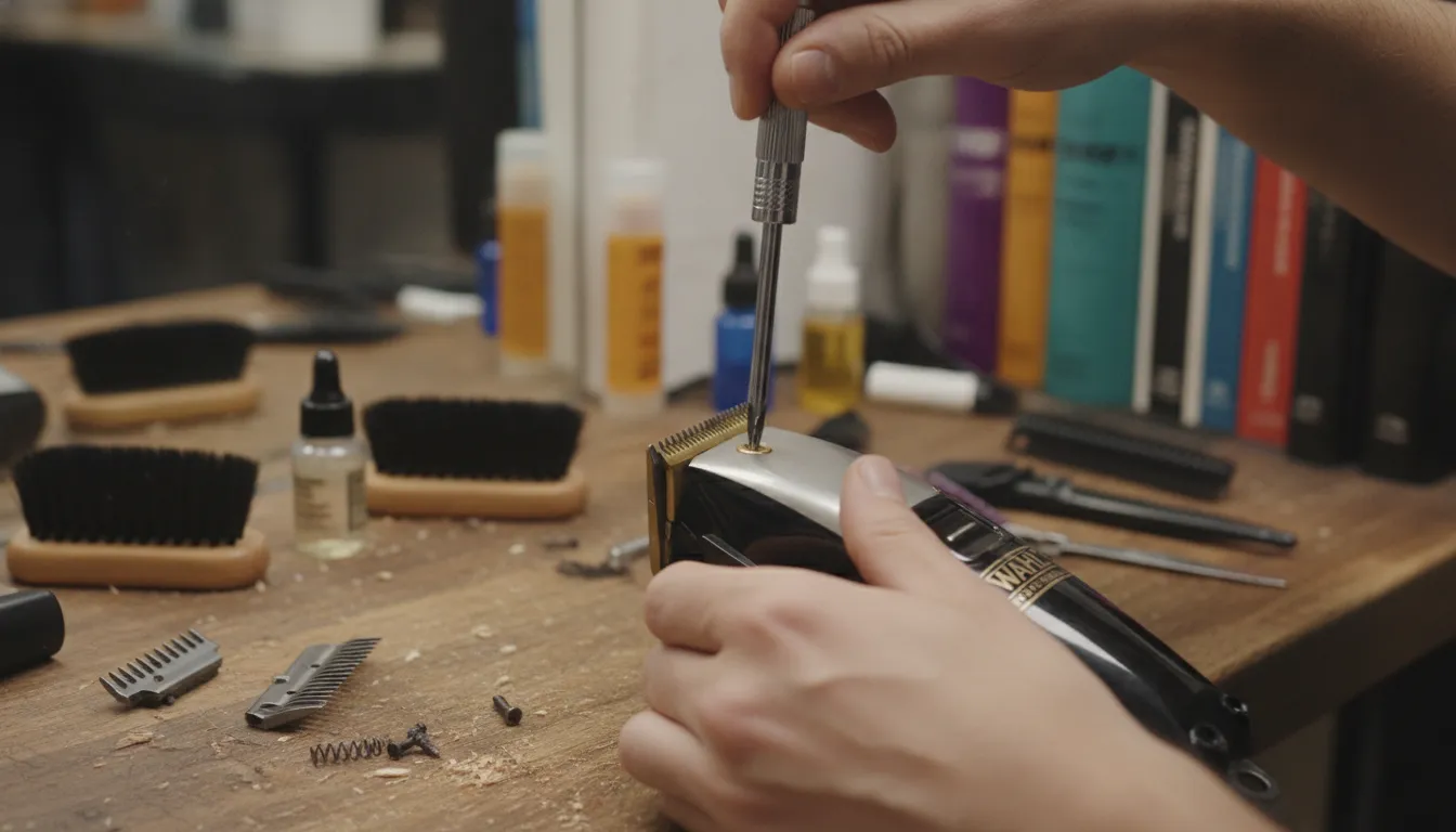 Barber adjusting clipper blade tension with a screwdriver on a workbench