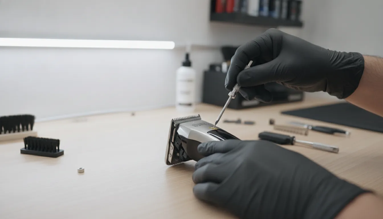 BaByliss Pro clipper being serviced on a clean workbench by a professional technician