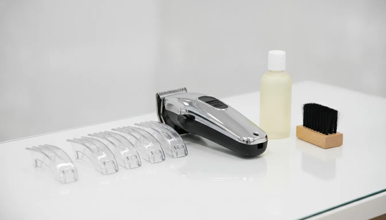 Professional barber clipper with guards, cleaning brush, and maintenance oil on a clean workstation