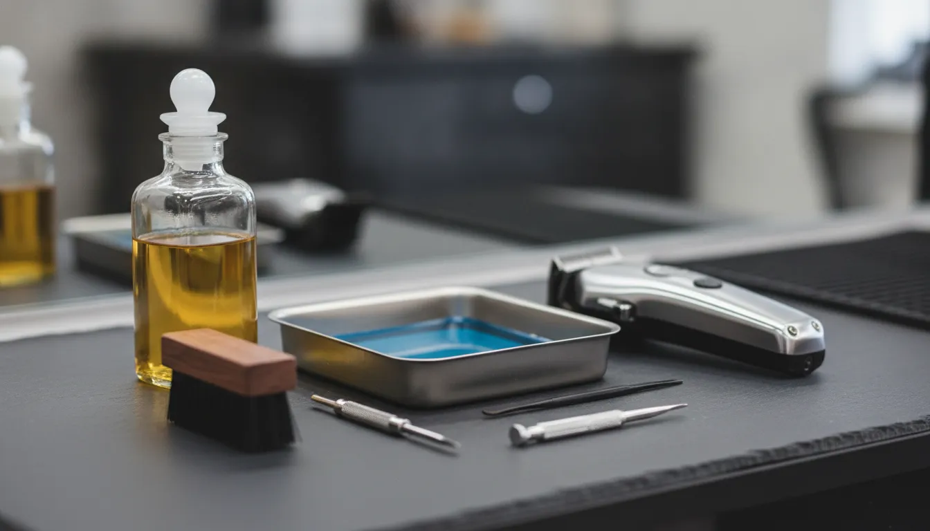 Barber maintenance tools including clipper oil bottle, blade cleaning brush, and spray arranged on a work surface