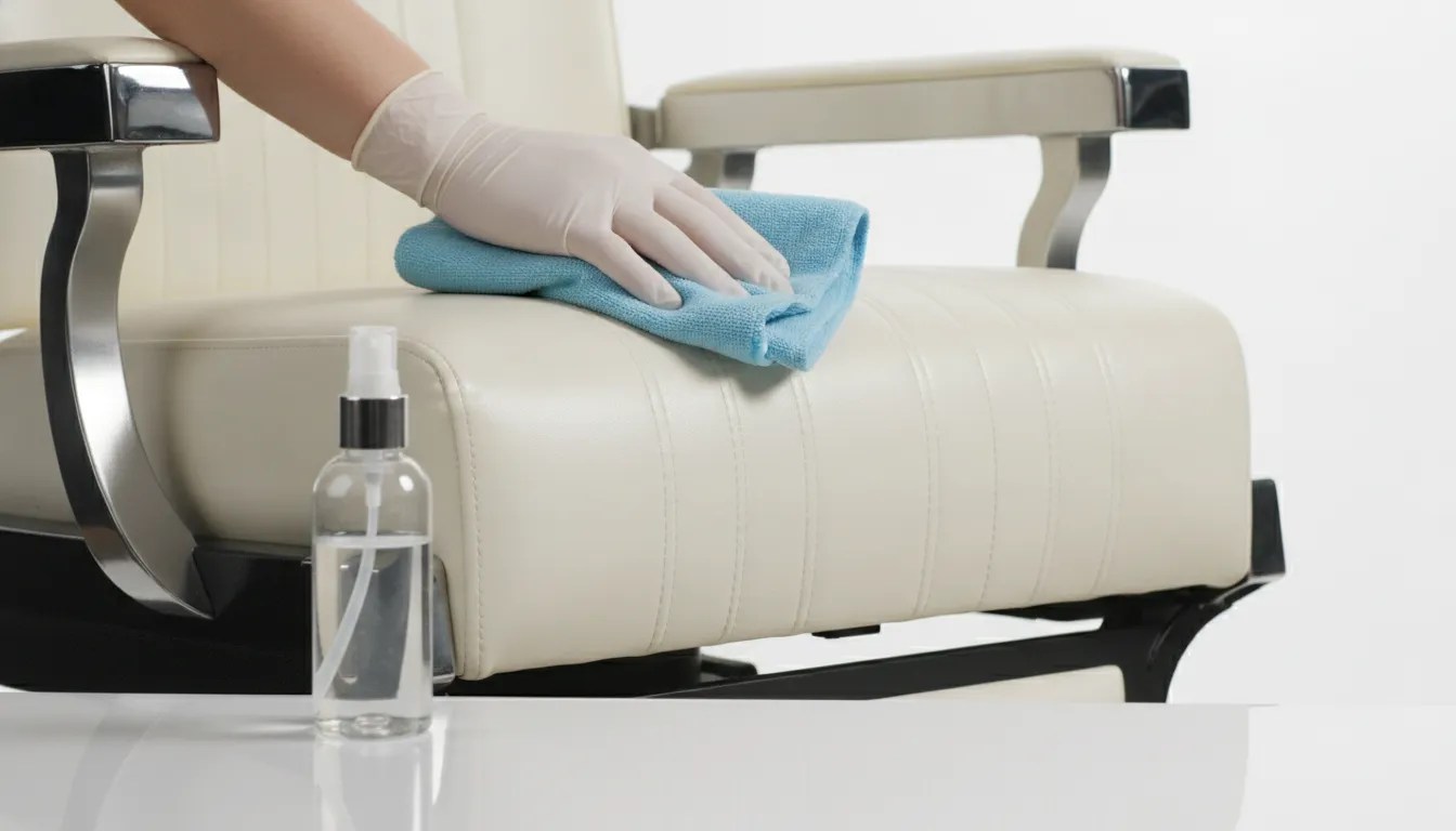 Barber chair upholstery care supplies arranged beside a clean vinyl chair seat