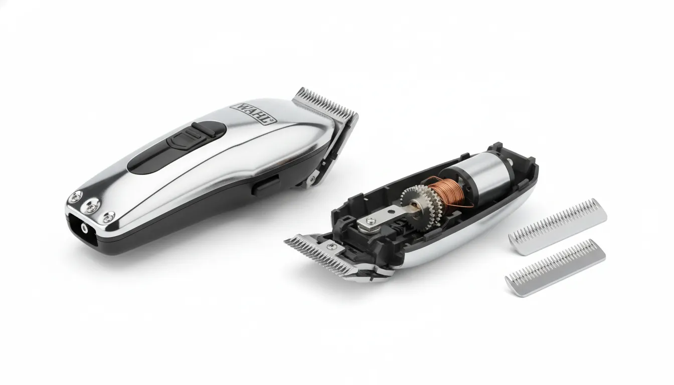 Professional barber clippers with blade assembly separated on a clean white surface