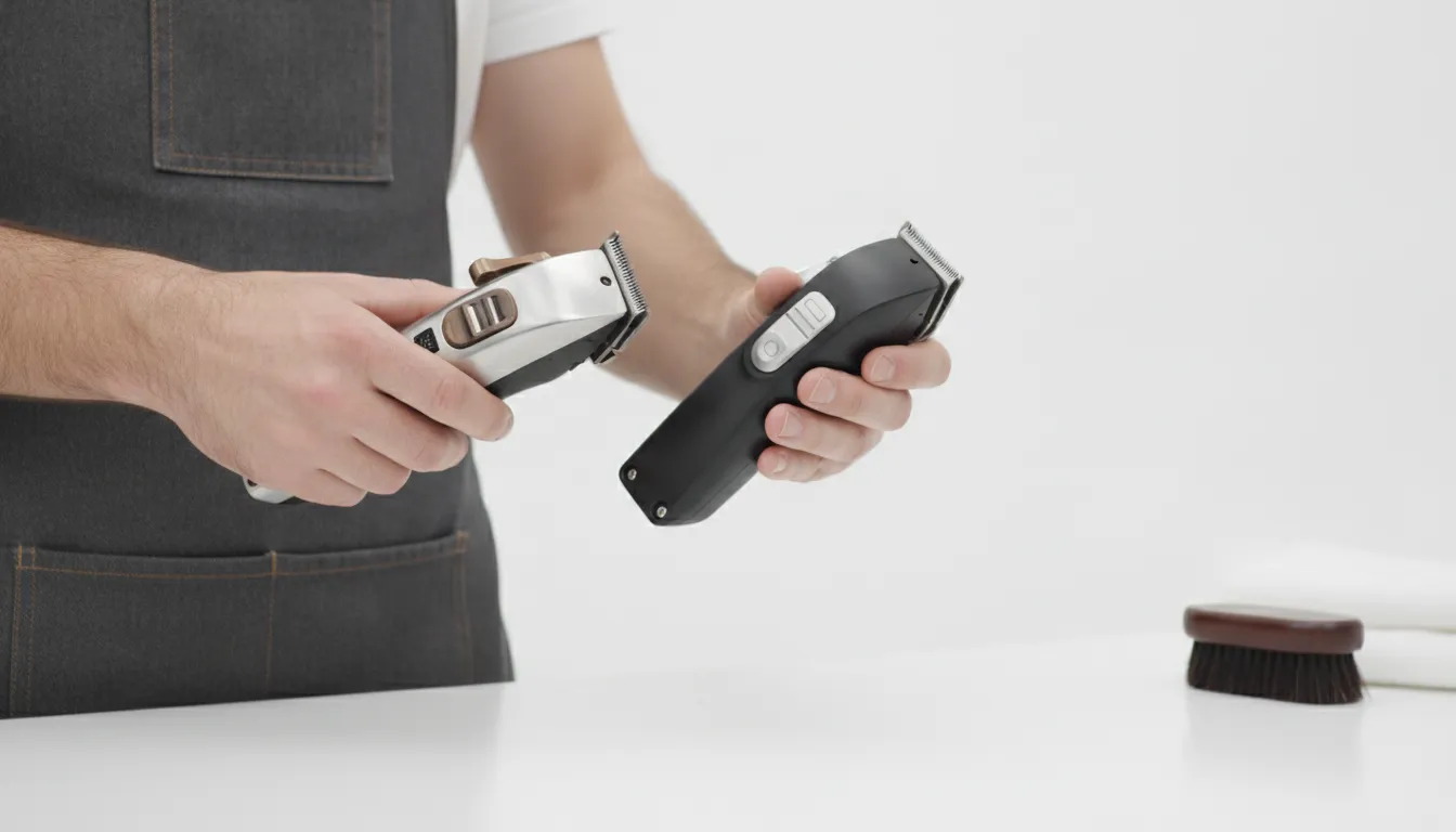 Two professional cordless barber clippers compared on a clean workbench