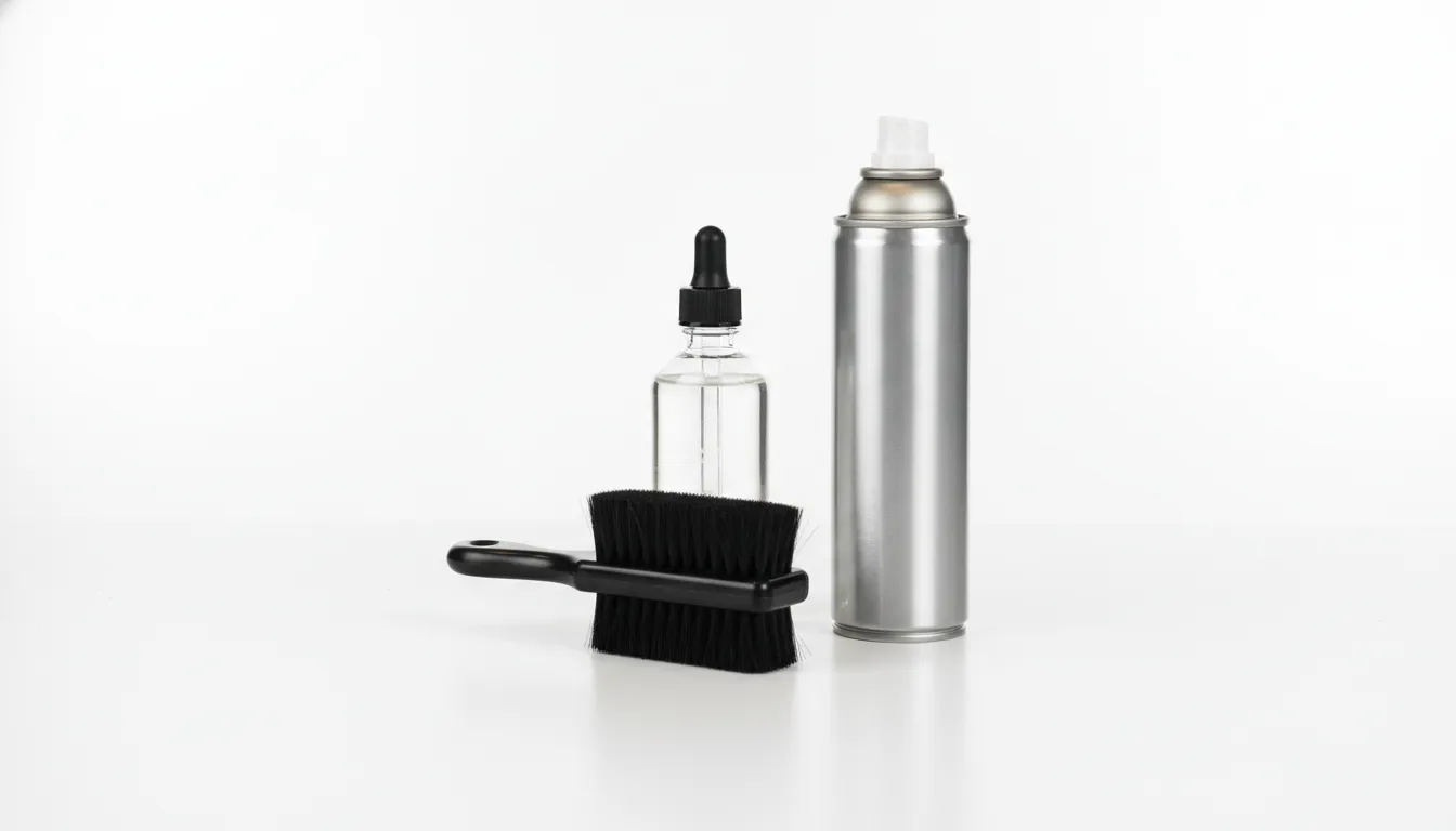 Clipper oil, cleaning brush, and cooling spray arranged on a clean white surface