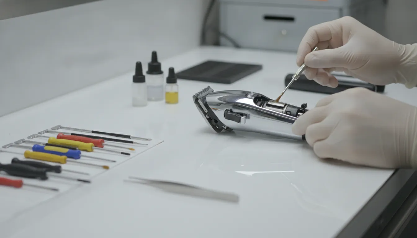 Professional barber clipper being serviced on a clean repair workbench