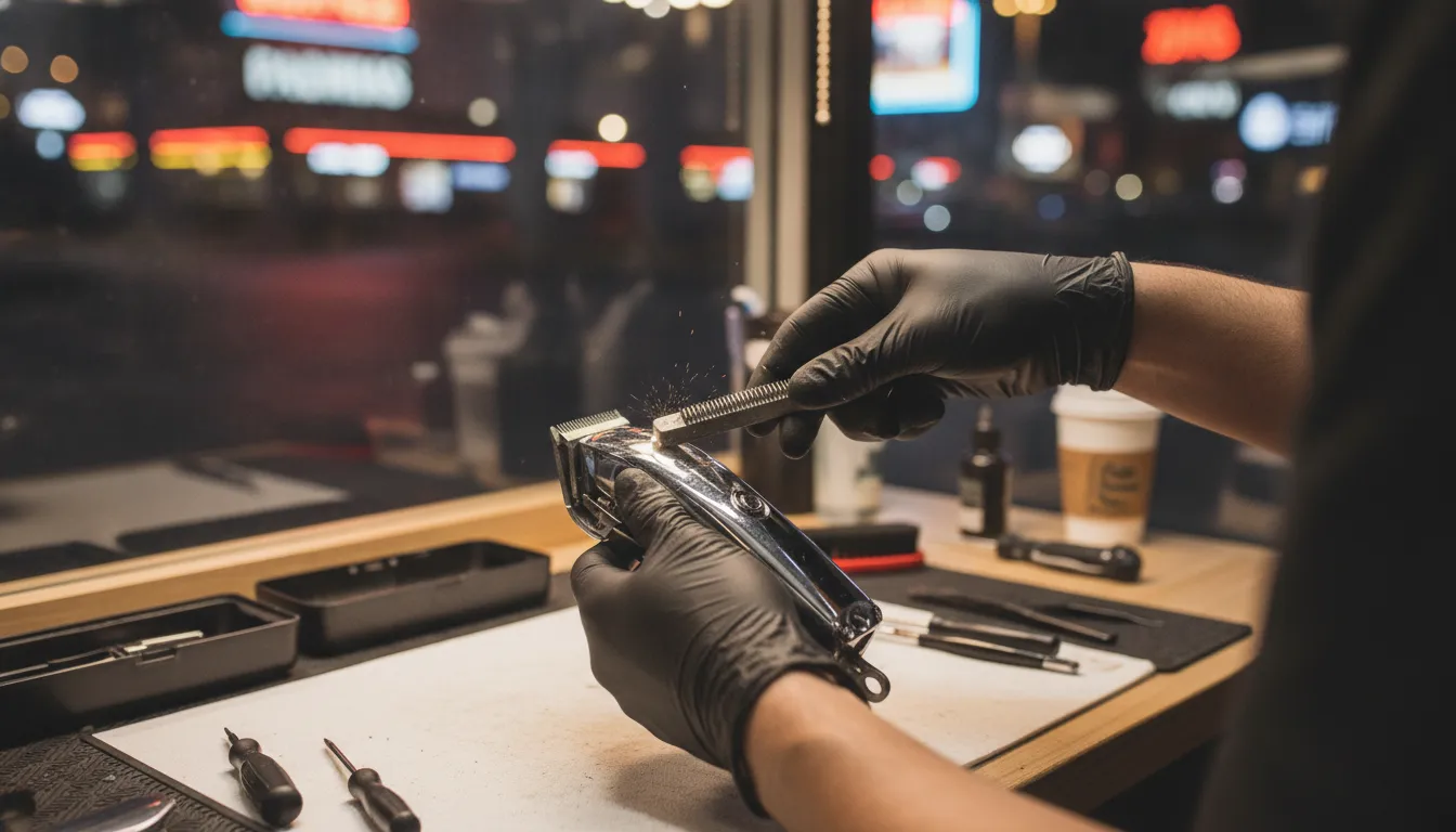 Barber technician performing clipper repair and blade maintenance on a workbench in Las Vegas