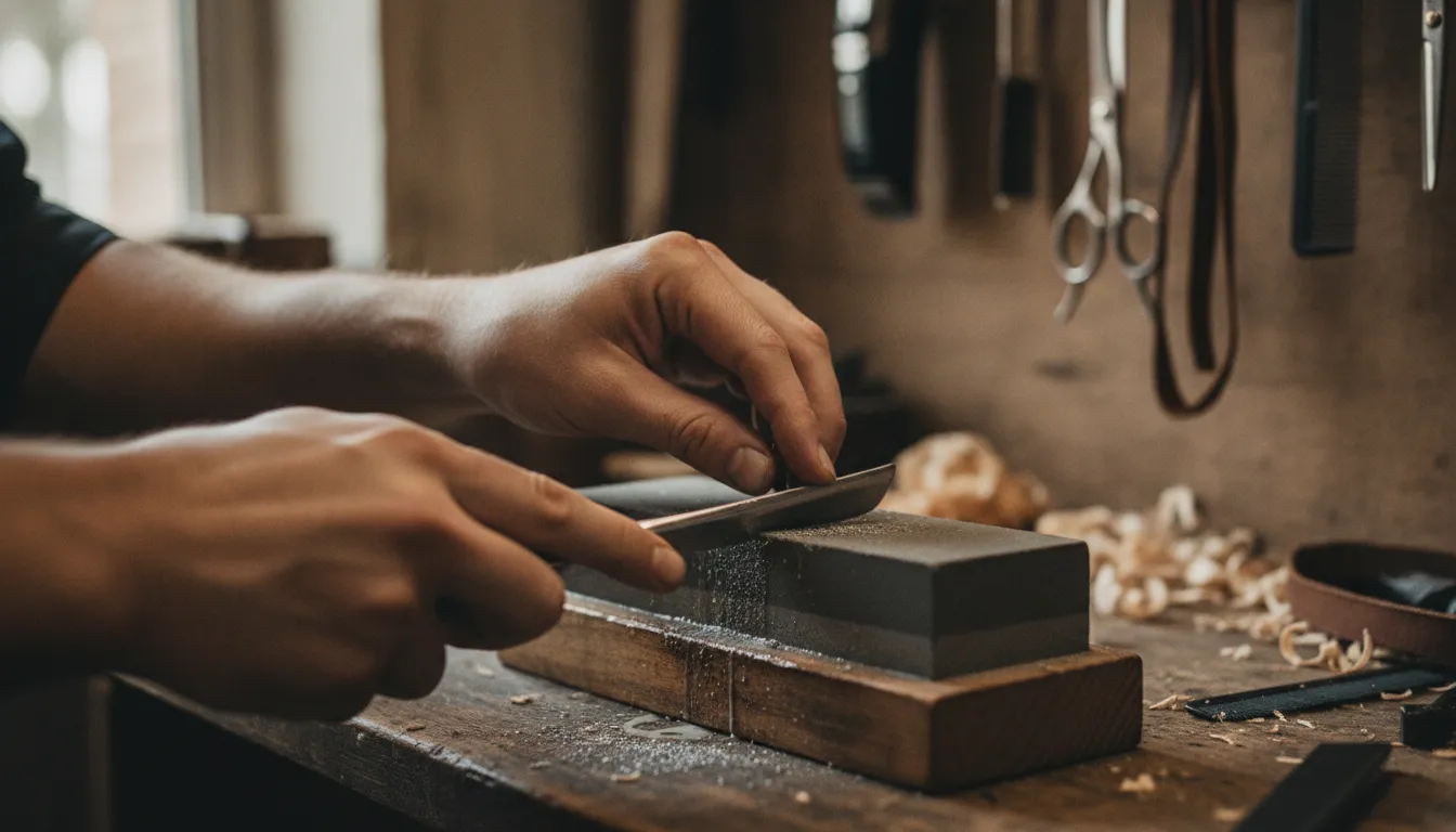 Barber's hands sharpening clipper blade on a flat sharpening stone