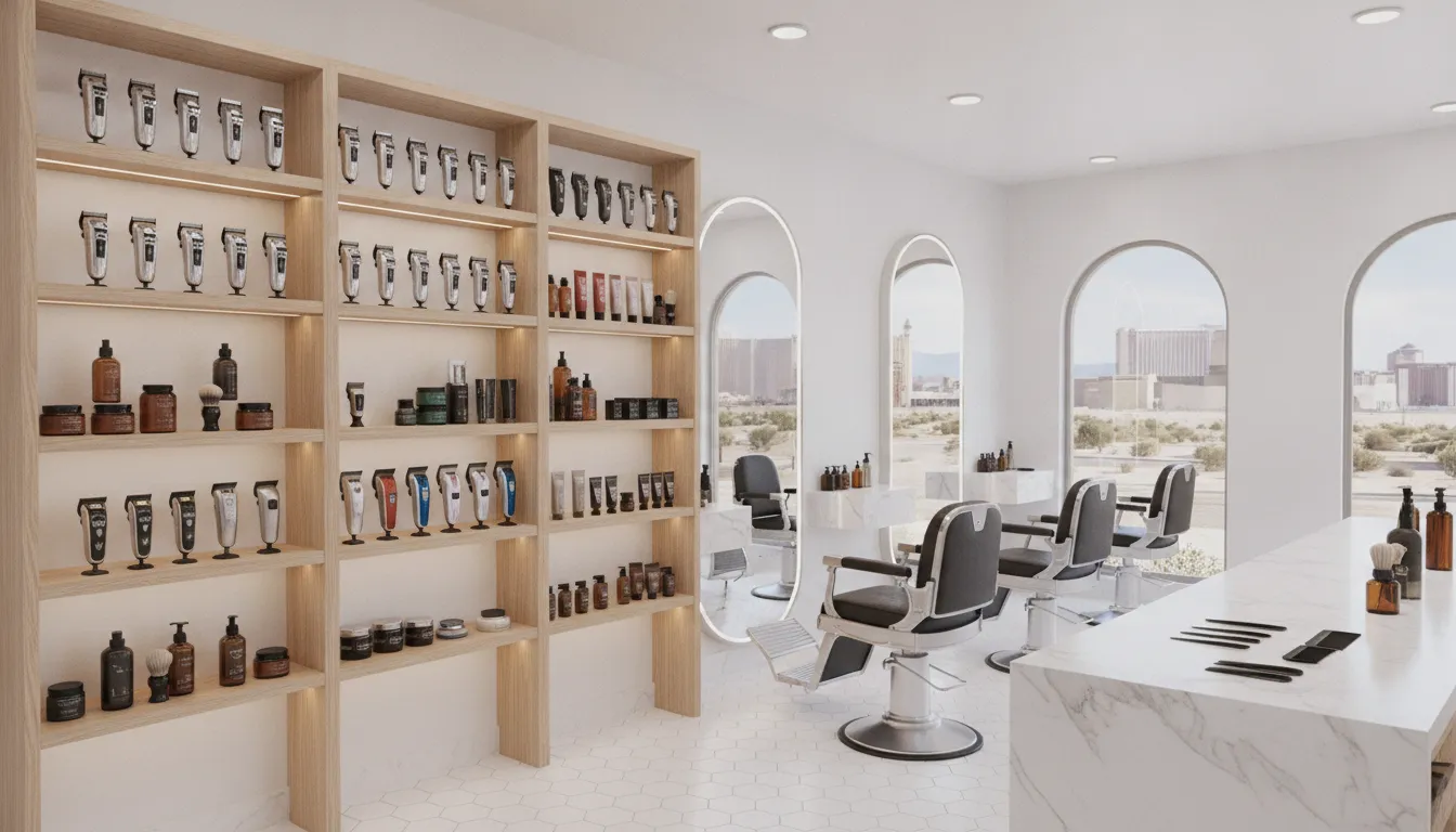 Retail shelves stocked with Wahl, Andis, and Gamma+ professional barber clippers at a Las Vegas supply store