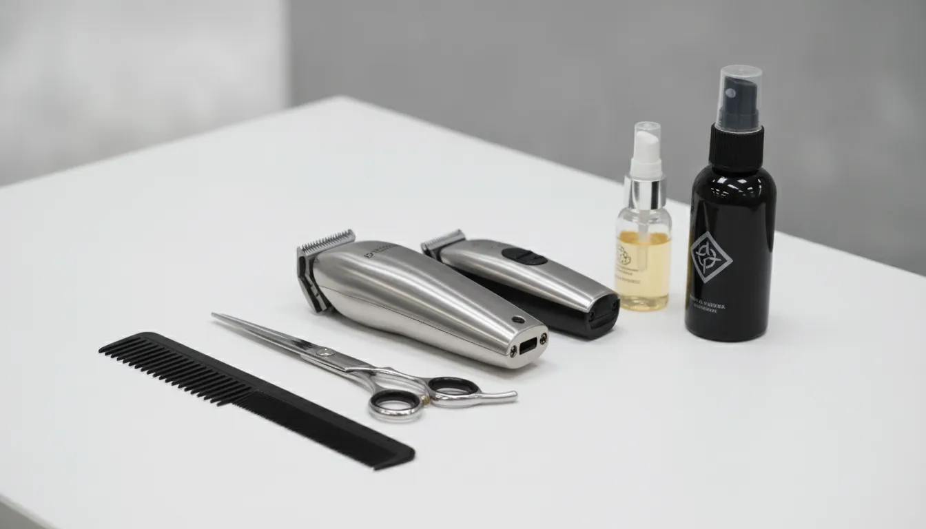 Professional barber clippers, trimmers, combs, and maintenance tools arranged for a shop equipment review