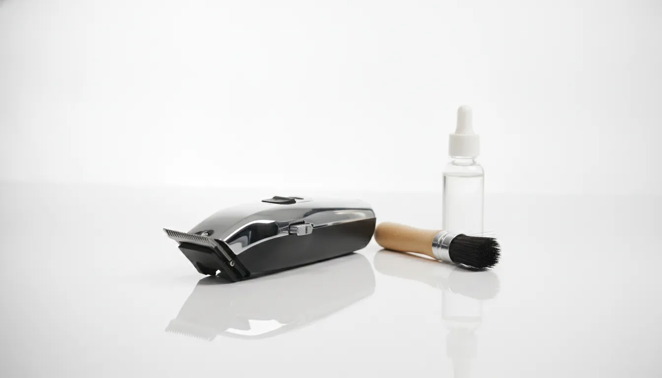 Professional barber trimmer with blade brush and clipper oil on a clean workbench