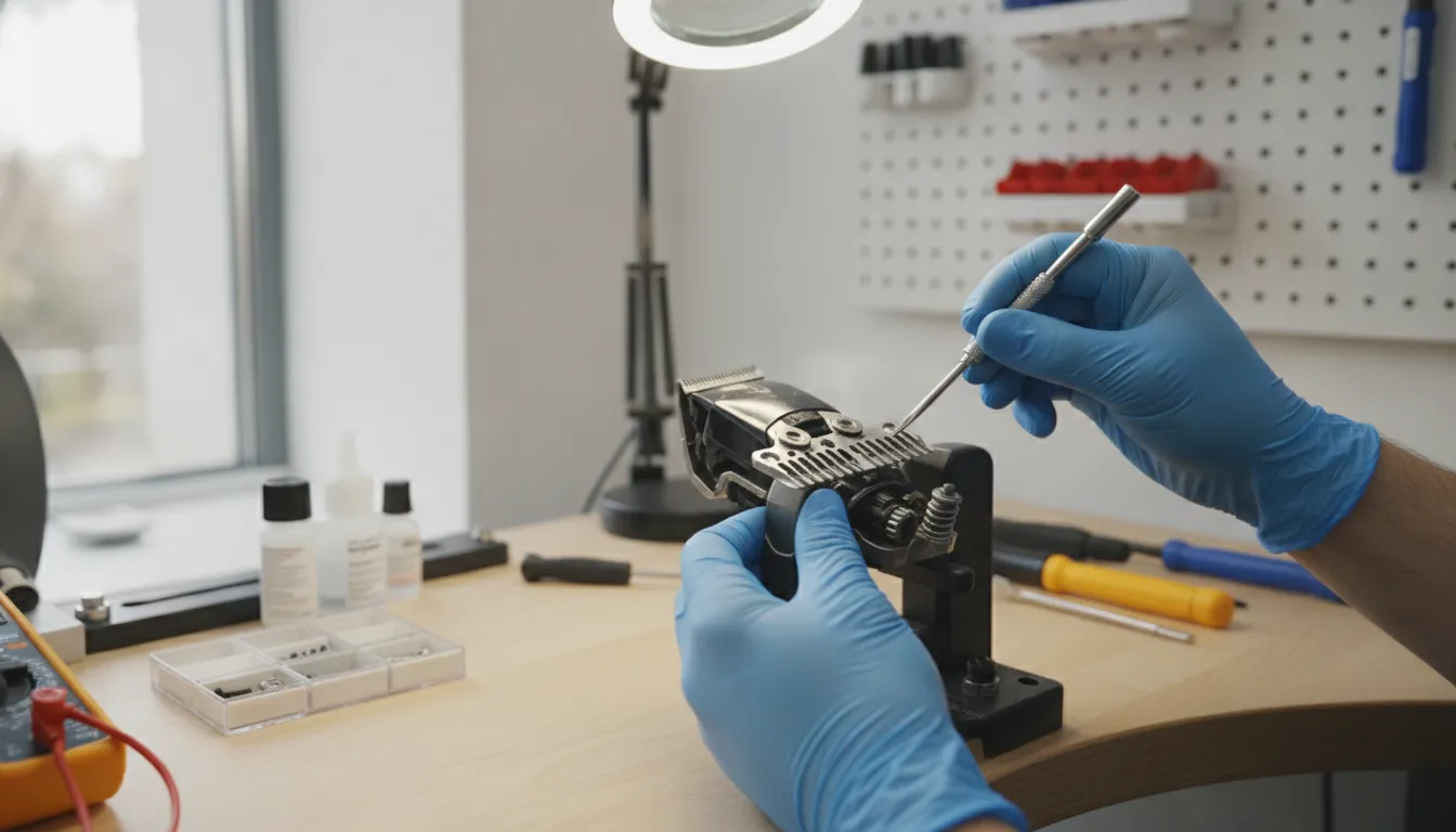 Technician hands servicing a professional Wahl clipper blade assembly on a clean workbench