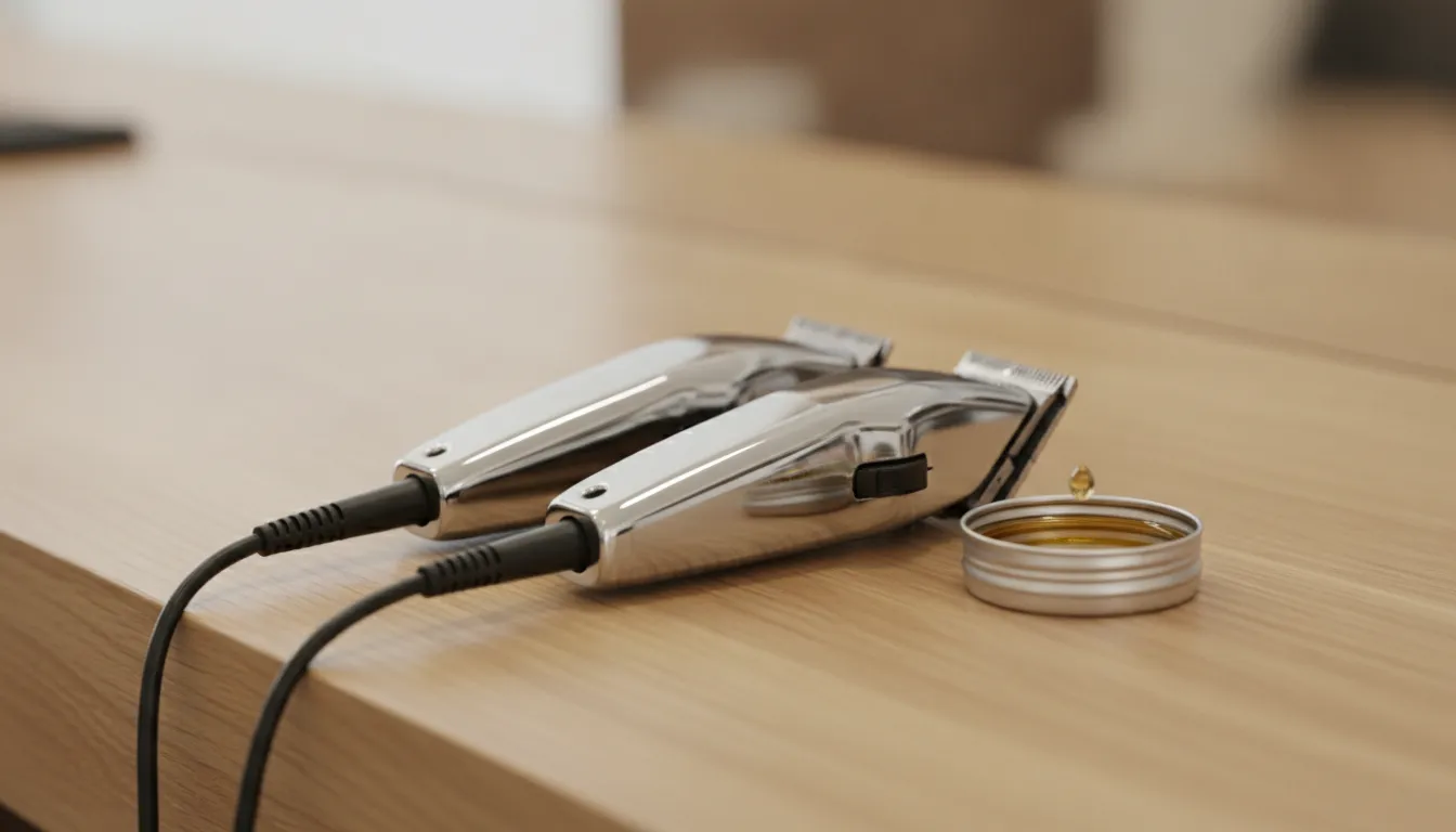 Two professional clippers resting on a clean workbench near clipper oil