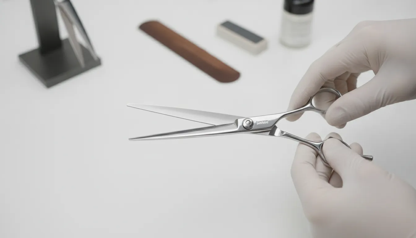 Barber hair shears inspected on a bright professional workbench