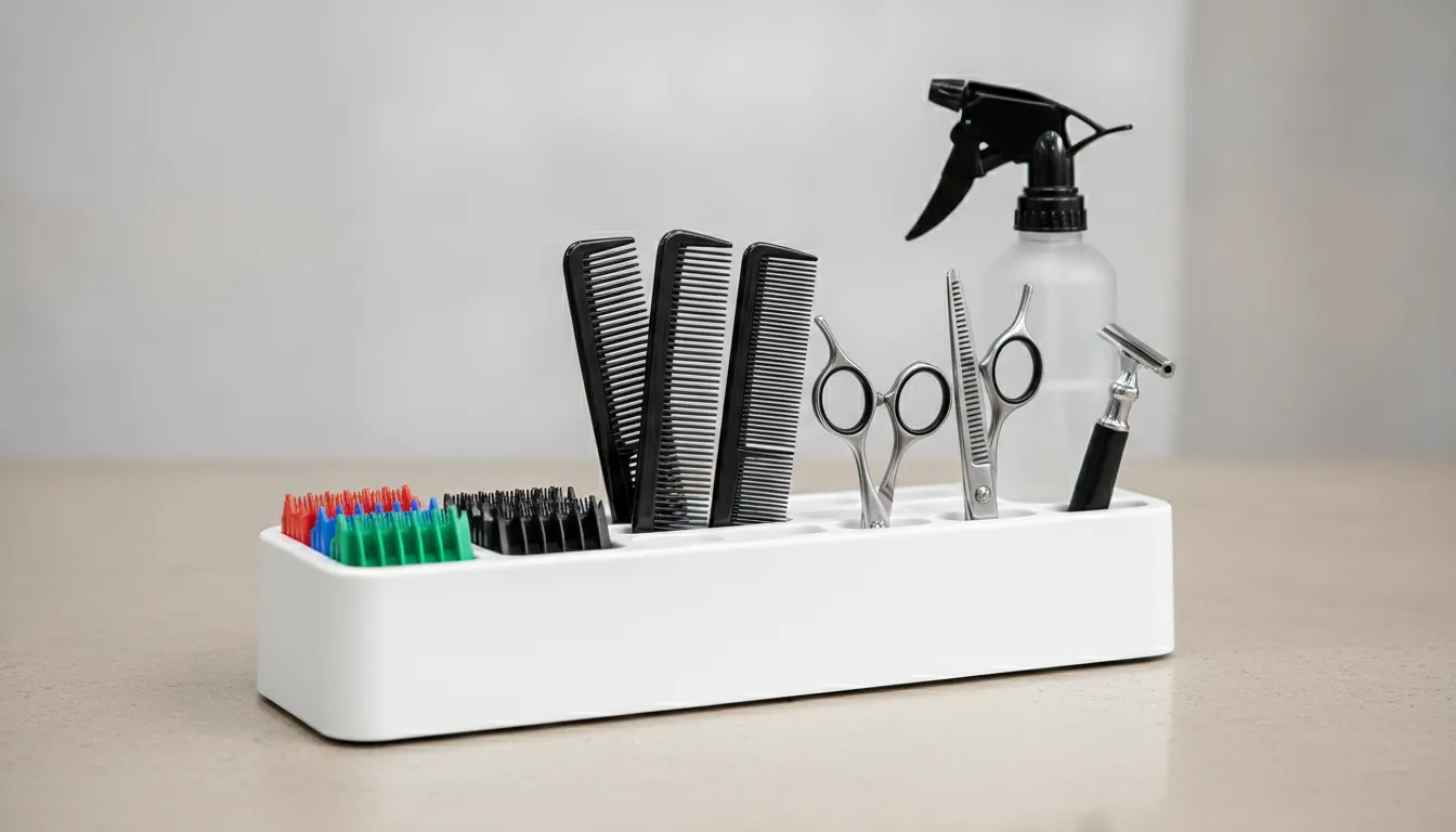 Barber station organizer with combs, clipper guards, shears, and spray bottle