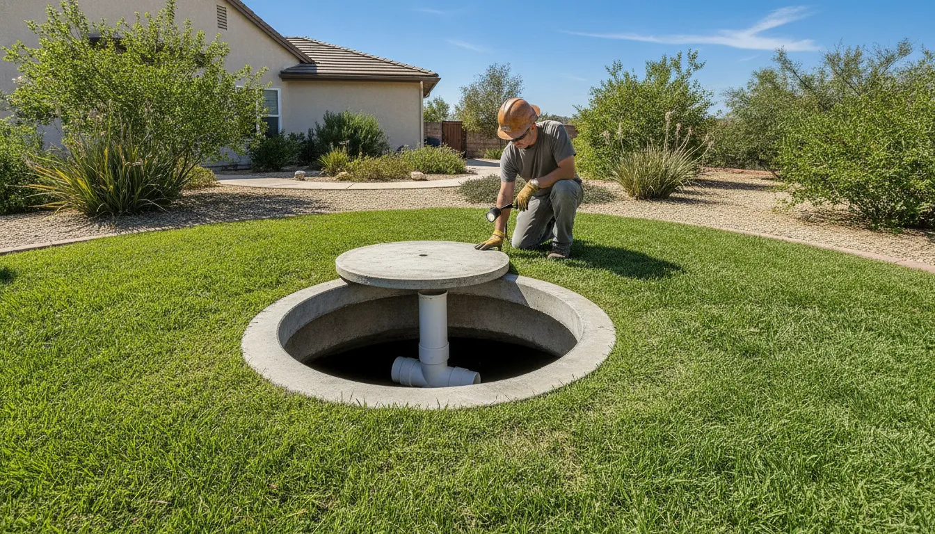 Professional inspecting a septic tank baffle from the access opening