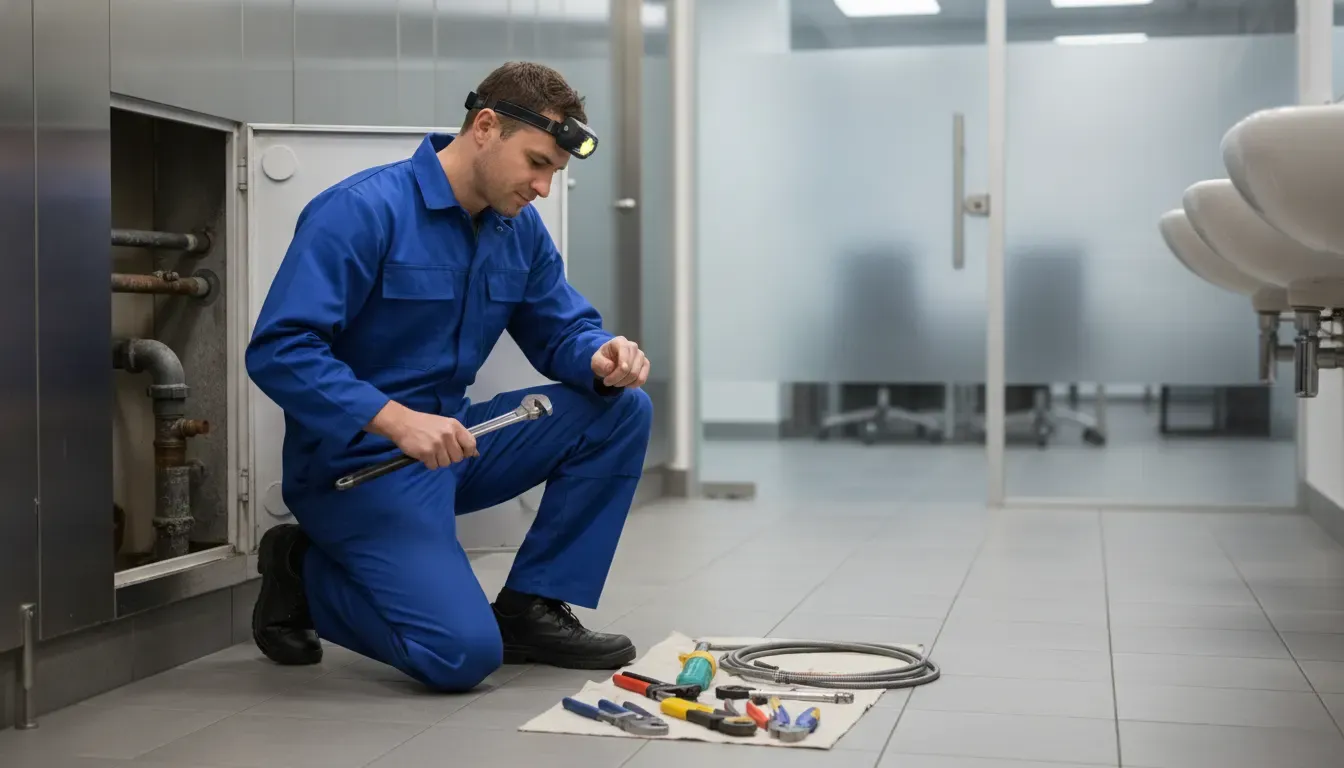 Plumber diagnosing a commercial restroom plumbing problem