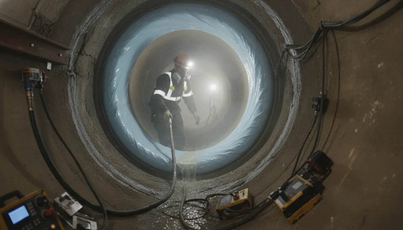 Plumbing technician preparing a cured-in-place pipe liner for trenchless sewer repair installation