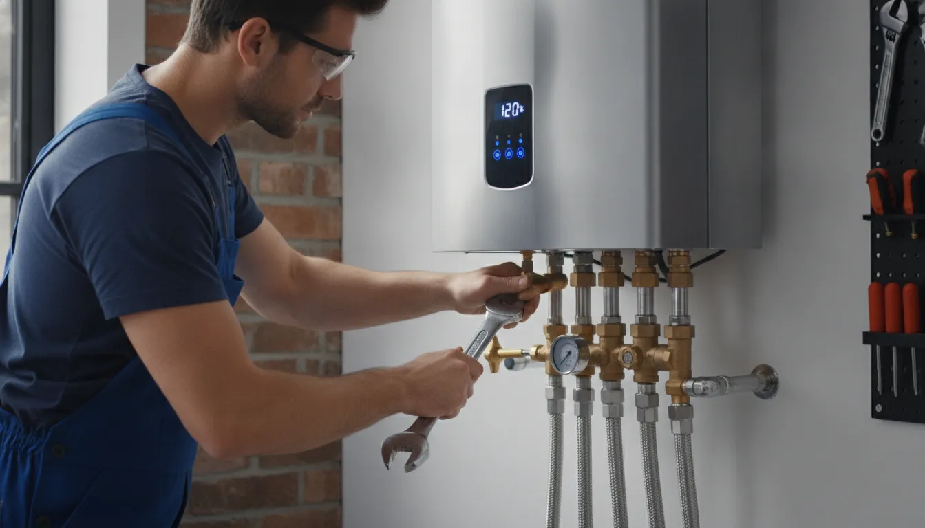 Licensed professional plumber from Diamond House Plumbing inspecting a wall-mounted tankless water heater system