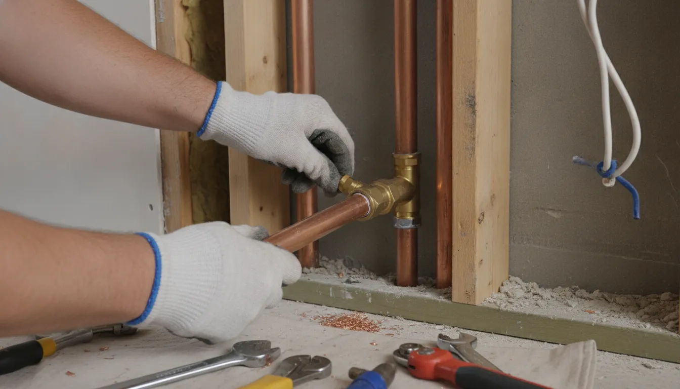 Professional plumber installing a new water supply line, showing rerouting repair method for slab leaks