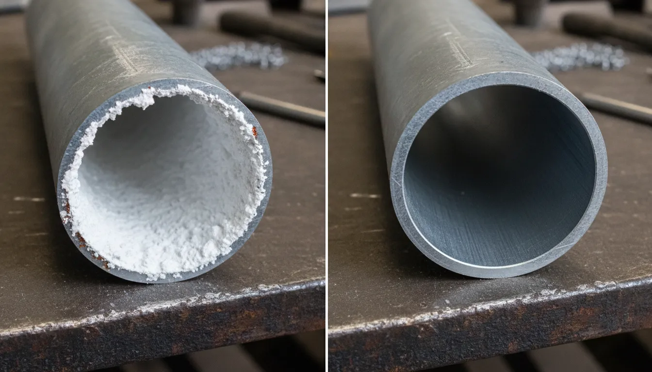 Comparison of a severely scaled plumbing pipe interior next to a clean copper pipe, highlighting tankless water heater descaling needs