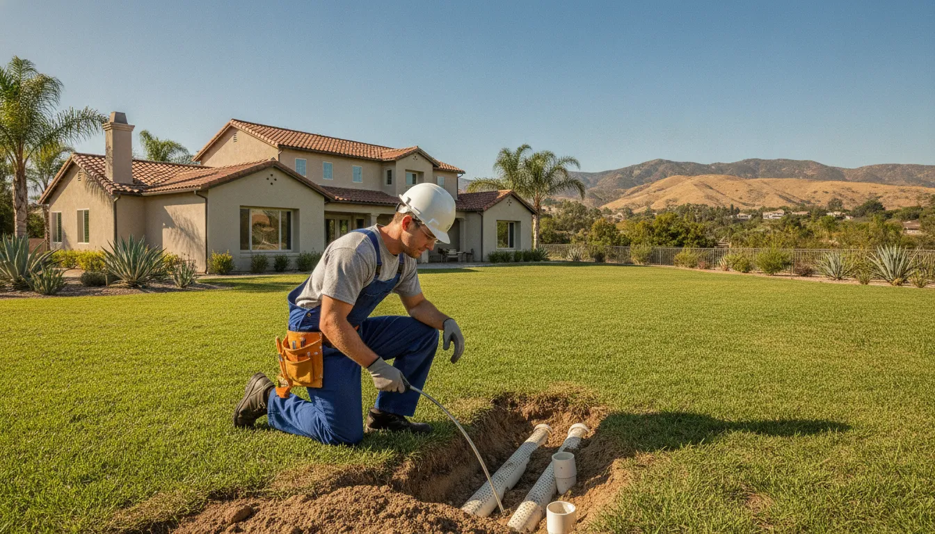 Professional plumber inspecting a septic system drain field in a residential backyard