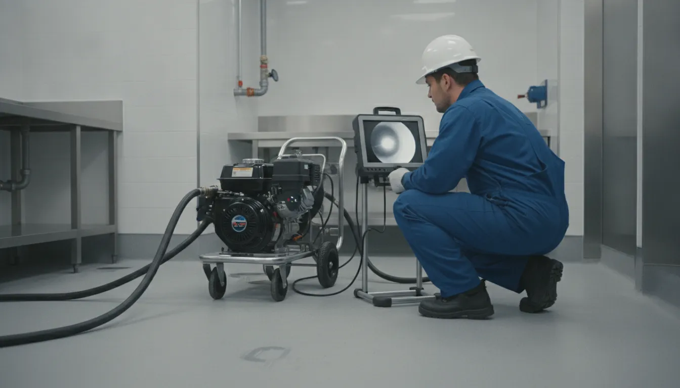 Commercial plumber reviewing a sewer camera inspection before hydro jetting