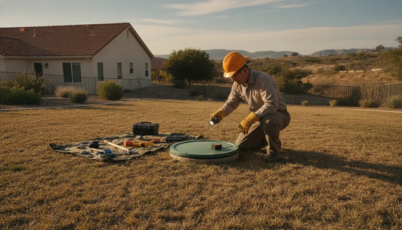 Professional completing a septic system inspection for an Inland Empire home