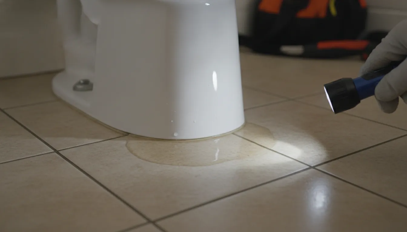 Small puddle of water on tile bathroom floor near a toilet base indicating a wax ring leak