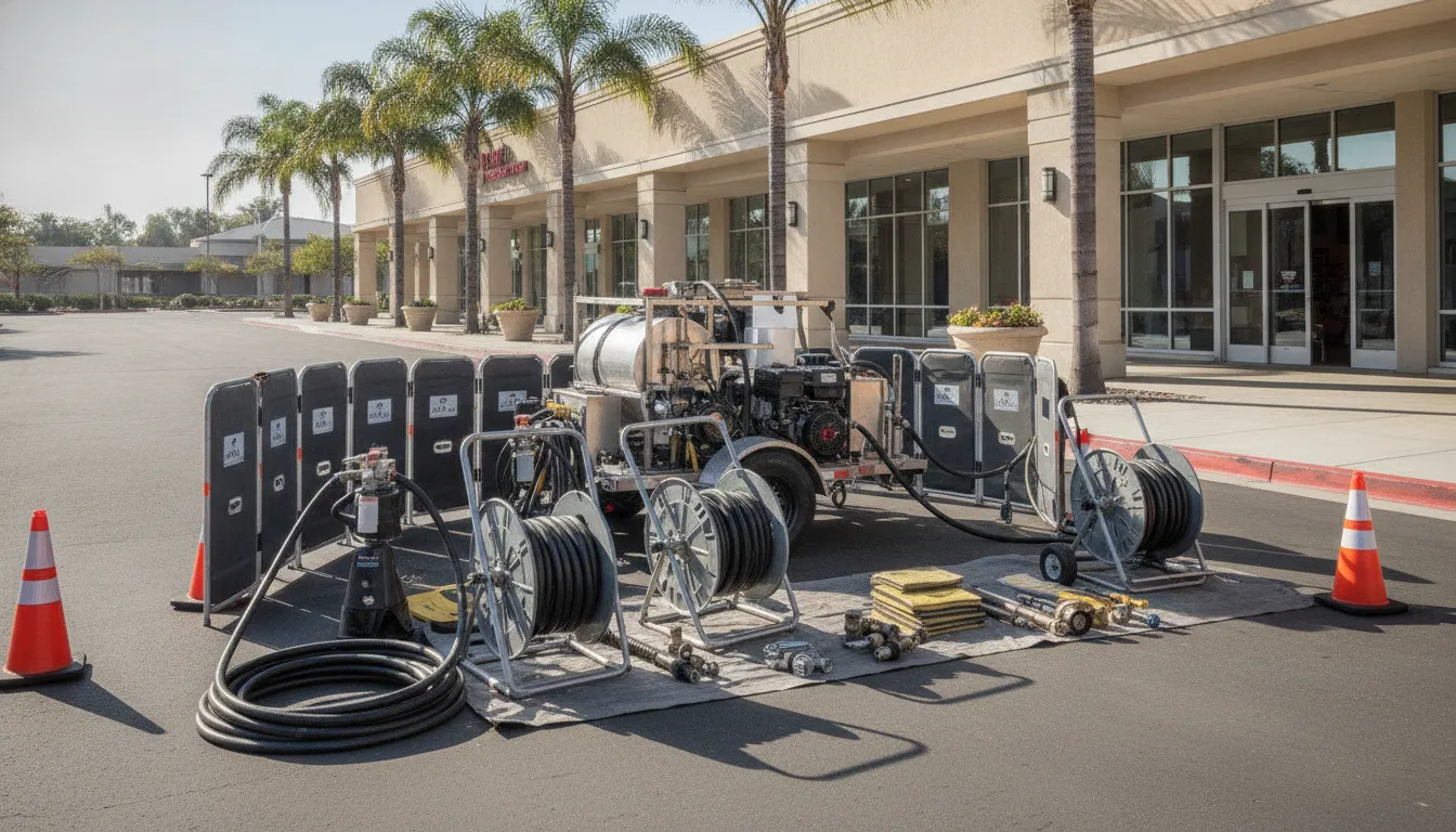 Commercial hydro jetting equipment staged for planned maintenance