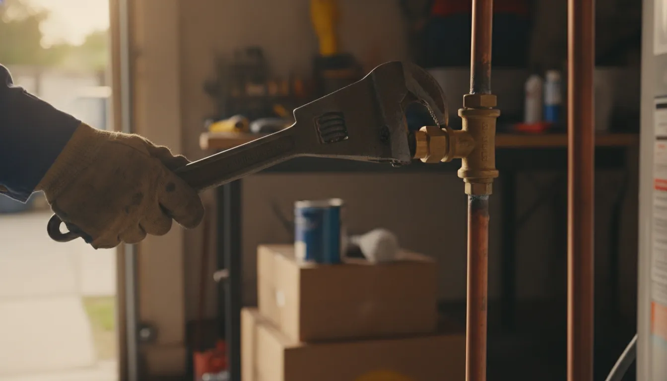 Professional plumber inspecting a water heater pipe in an Inland Empire garage