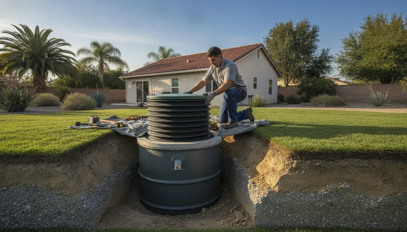 Professional septic tank riser installation in an Inland Empire yard