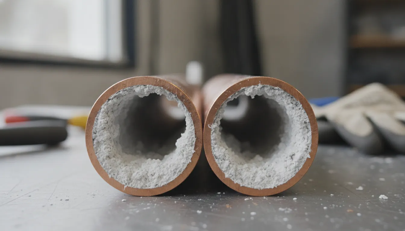 Corroded plumbing pipes showing heavy white mineral scale buildup from hard water