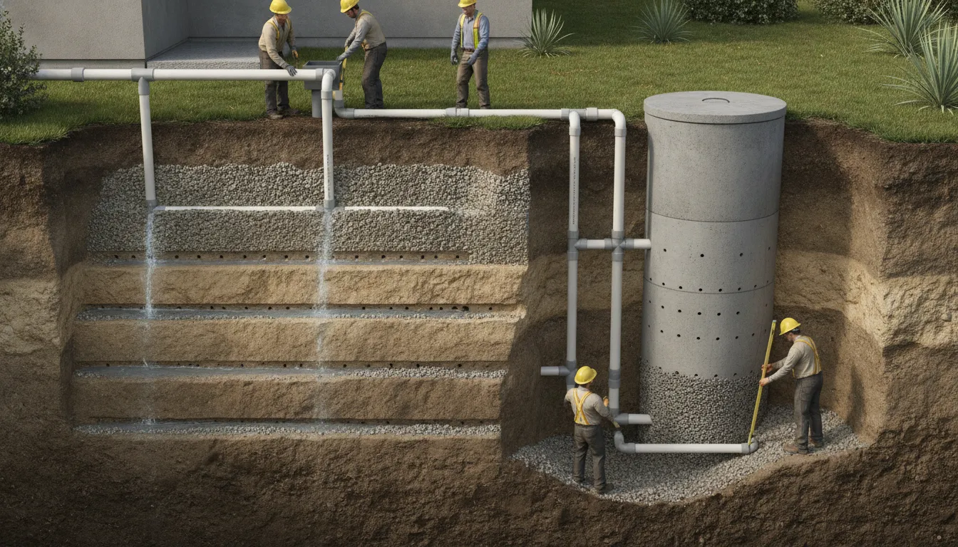 Seepage pit vs drain field installation in a Southern California yard