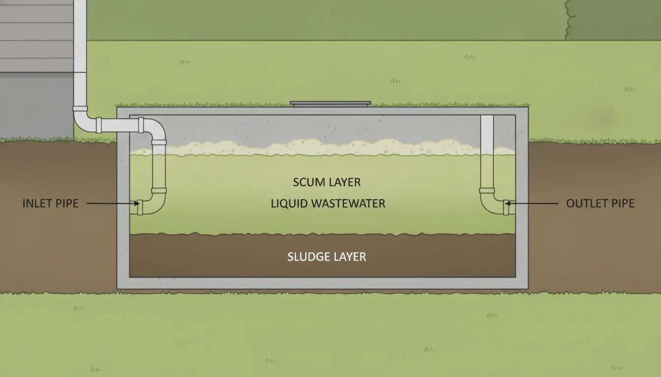 Diagram showing septic tank sludge scum and liquid wastewater layers during routine septic tank pumping